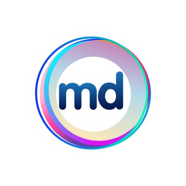 Renkli çemberli MD logosu, yüzüklü harf kombinasyonu logosu, yaratıcı endüstri, web, iş ve şirket için daire nesnesi.