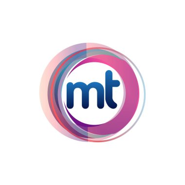 Renkli daireye sahip MT logosu, halka ile harf kombinasyonlu logo tasarımı, yaratıcı endüstri, web, iş ve şirket için daire nesnesi.