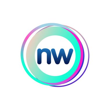 Renkli daireye sahip NW harfi logosu, yüzük ile harf kombinasyonlu logo tasarımı, yaratıcı endüstri, web, iş ve şirket için daire nesnesi.