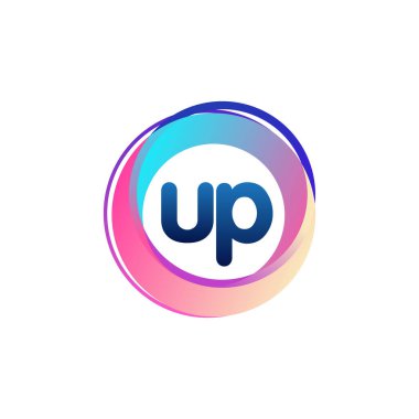 Renkli daireye sahip UP harfi logosu, halka ile harf kombinasyonlu logo tasarımı, yaratıcı endüstri, web, iş ve şirket için daire nesnesi.