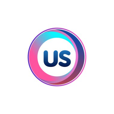 Renkli daireye sahip ABD logosu, halka ile harf kombinasyonlu logo tasarımı, yaratıcı endüstri, web, iş ve şirket için daire nesnesi.
