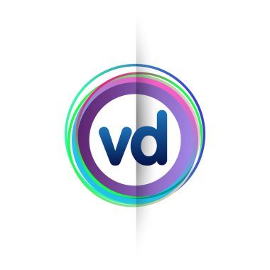 Renkli çemberli VD logosu, yüzüklü harf kombinasyonu logosu, yaratıcı endüstri, web, iş ve şirket için daire nesnesi.