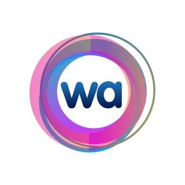 Renkli daireye sahip WA harfi logosu, yüzük ile harf kombinasyonu tasarımı, yaratıcı endüstri, web, iş ve şirket için daire nesnesi.