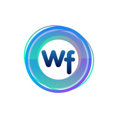 Renkli çemberli WF logosu, halka ile harf kombinasyonu logosu, yaratıcı endüstri, web, iş ve şirket için daire nesnesi.