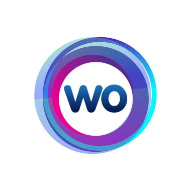 Renkli daire ile WO logosu, halka ile harf kombinasyonu logosu tasarımı, yaratıcı endüstri, web, iş ve şirket için daire nesnesi.