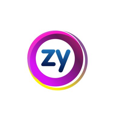 Renkli çemberli ZY logosu, yüzüklü harf kombinasyonu logosu, yaratıcı endüstri, web, iş ve şirket için daire nesnesi.