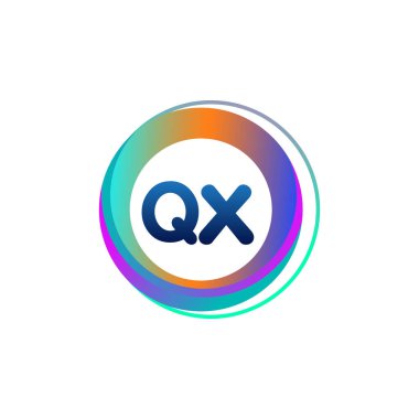 Renkli çemberli harf QX logosu, yüzük ile harf kombinasyonlu logo tasarımı, yaratıcı endüstri, web, iş ve şirket için daire nesnesi.