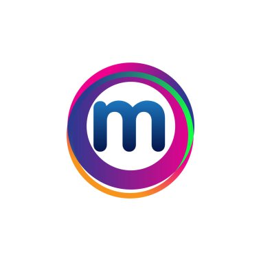Renkli daireye sahip M harfi logosu, yüzük ile harf kombinasyonu, yaratıcı endüstri, web, iş ve şirket için daire nesnesi.