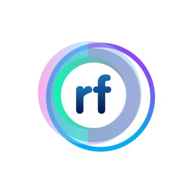 Renkli daireye sahip RF logosu, halka ile harf kombinasyonlu logo tasarımı, yaratıcı endüstri, web, iş ve şirket için daire nesnesi.