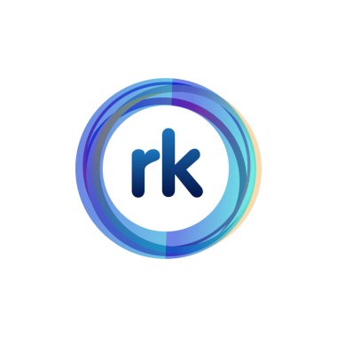 Renkli daireye sahip harf RK logosu, halka ile harf kombinasyonu logosu tasarımı, yaratıcı endüstri, web, iş ve şirket için daire nesnesi.