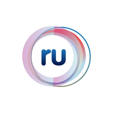 Renkli çemberli RU logosu, yüzük ile harf kombinasyonlu logo tasarımı, yaratıcı endüstri, web, iş ve şirket için daire nesnesi.