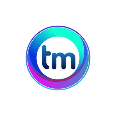 Renkli daireye sahip TM logosu, halka ile harf kombinasyonlu logo tasarımı, yaratıcı endüstri, web, iş ve şirket için daire nesnesi.