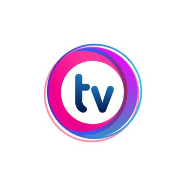 Renkli çemberli TV logosu, halka ile harf kombinasyonu logosu, yaratıcı endüstri, web, iş ve şirket için daire nesnesi.