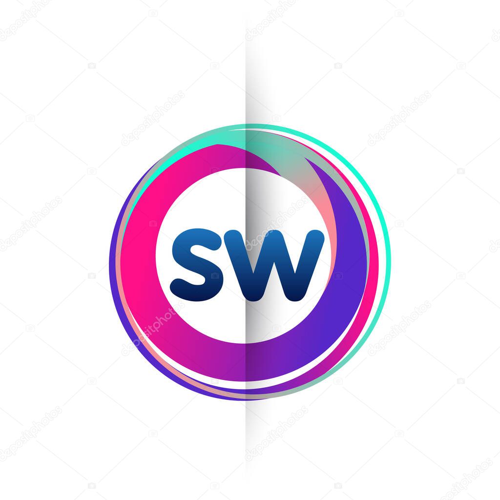 Letter SW logo with colorful circle, letter combination logo design with ring, circle object for creative industry, web, business and company.