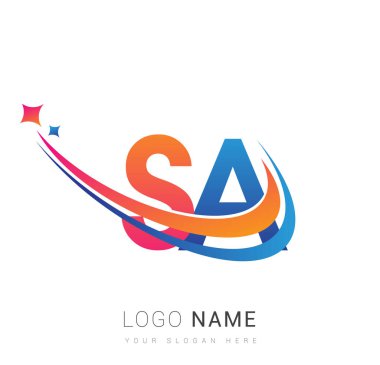 İlk harf SA logotype şirketi adı turuncu, kırmızı ve mavi swoosh yıldız tasarımı. iş ve şirket kimliği için vektör logosu.