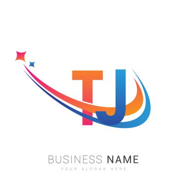 İlk harf TJ logotype şirketi adı turuncu, kırmızı ve mavi swoosh yıldız tasarımı. iş ve şirket kimliği için vektör logosu.
