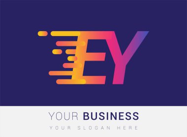 İlk harf EY hız logo tasarım şablonu, logotype şirket adı: iş ve şirket kimliği için sarı, morumsu ve mavi..