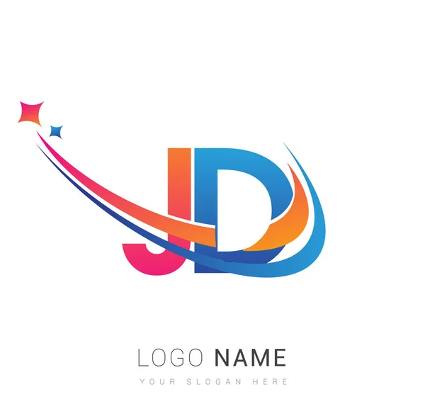 初期の文字Jdのロゴタイプ会社の名前は オレンジ 赤と青のスウッシュスターのデザインを着色 ビジネスと会社のアイデンティティのためのベクトルロゴ — ストックベクタ