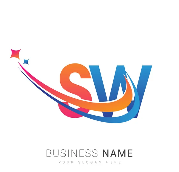 首字母Sw标识公司名称彩色橙色 红色和蓝色Swoosh星形设计 企业和公司标识的矢量标识 — 图库矢量图片
