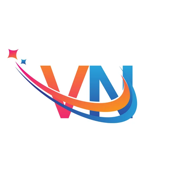 最初的字母Vn标识公司的名称是彩色橙色 红色和蓝色的Swoosh星形设计 企业和公司标识的矢量标识 — 图库矢量图片