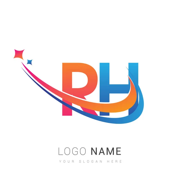 頭文字のRh型ロゴタイプ社名はオレンジ 青のスウッシュスターデザイン ビジネスと会社のアイデンティティのためのベクトルロゴ — ストックベクタ