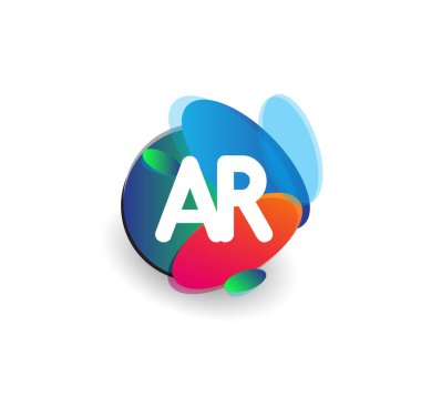 Renkli sıçrama arkaplanı olan AR harfi logosu, yaratıcı endüstri, web, iş ve şirket için harf kombinasyonu tasarımı.