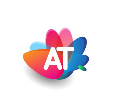 Renkli arka planlı AT harfi logosu, yaratıcı endüstri, web, iş ve şirket için harf kombinasyonu tasarımı.