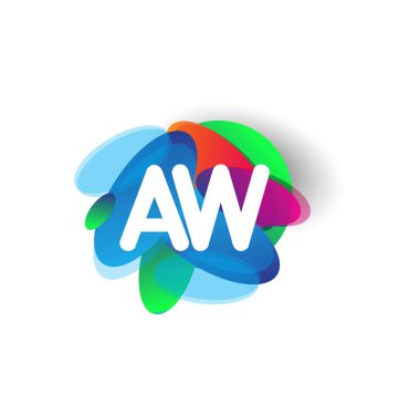 Renkli sıçrama arkaplanı olan AW harfi logosu, yaratıcı endüstri, web, iş ve şirket için harf kombinasyonu tasarımı.
