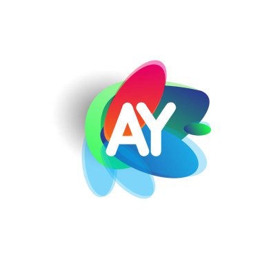 Renkli sıçrama arkaplanı olan AY logosu, yaratıcı endüstri, web, iş ve şirket için harf kombinasyonu tasarımı.