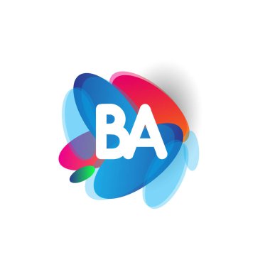 Renkli sıçrama geçmişi olan BA harfi logosu, yaratıcı endüstri, web, iş ve şirket için harf kombinasyonu tasarımı.