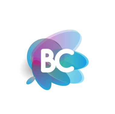 Renkli sıçrama arkaplanı olan BC harfli logo, yaratıcı endüstri, web, iş ve şirket için harf kombinasyonu tasarımı.