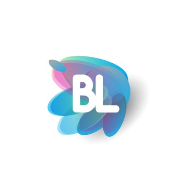 Renkli sıçrama arkaplanı olan BL logosu, yaratıcı endüstri, web, iş ve şirket için harf kombinasyonu tasarımı.