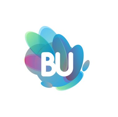 Renkli sıçrama arkaplanı olan BU logosu, yaratıcı endüstri, web, iş ve şirket için harf kombinasyonu tasarımı.