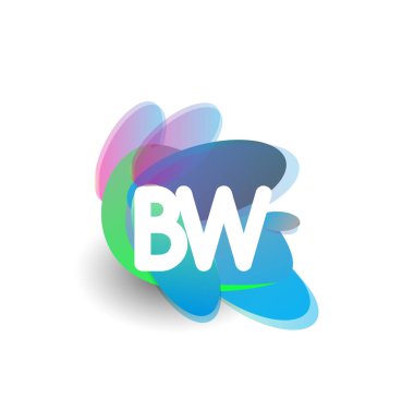 Renkli sıçrama arkaplanı olan BW harfi logosu, yaratıcı endüstri, web, iş ve şirket için harf kombinasyonu tasarımı.