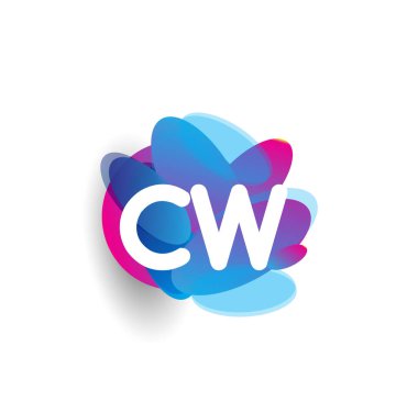 Renkli sıçrama arkaplanı olan CW harfi logosu, yaratıcı endüstri, web, iş ve şirket için harf kombinasyonu tasarımı.