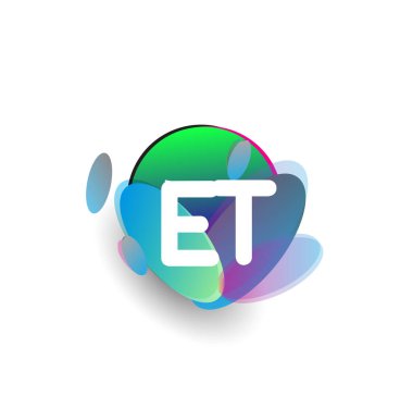 Renkli sıçrama arkaplanı olan ET harfi logosu, yaratıcı endüstri, web, iş ve şirket için harf kombinasyonu tasarımı.