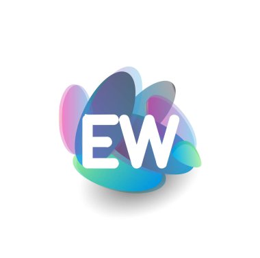 Renkli sıçrama arkaplanı olan EW harfi logosu, yaratıcı endüstri, web, iş ve şirket için harf kombinasyonu tasarımı.