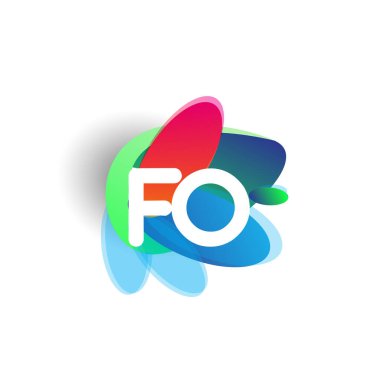 Renkli sıçrama geçmişi olan harf FO logosu, yaratıcı endüstri, web, iş ve şirket için harf kombinasyonu tasarımı.