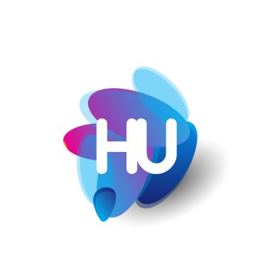 Renkli sıçrama arkaplanı olan HU logosu, yaratıcı endüstri, web, iş ve şirket için harf kombinasyonu tasarımı.