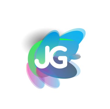 Renkli sıçrama arkaplanı olan JG logosu, yaratıcı endüstri, web, iş ve şirket için harf kombinasyonu tasarımı.