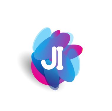 Renkli sıçrama arkaplanı olan JI harfi logosu, yaratıcı endüstri, web, iş ve şirket için harf kombinasyonu tasarımı.