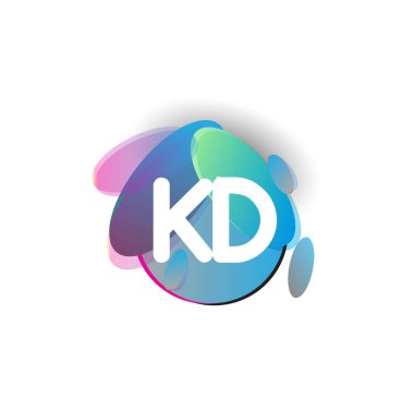 Renkli sıçrama arkaplanı olan KD logosu, yaratıcı endüstri, web, iş ve şirket için harf kombinasyonu tasarımı.
