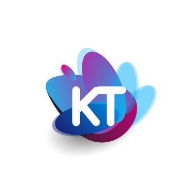 Renkli sıçrama arkaplanı olan KT logosu, yaratıcı endüstri, web, iş ve şirket için harf kombinasyonu tasarımı.