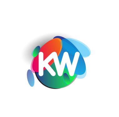 Renkli sıçrama arkaplanlı KW logosu, yaratıcı endüstri, web, iş ve şirket için harf kombinasyonu tasarımı.