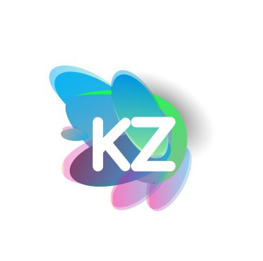 Renkli sıçrama arkaplanı olan KZ logosu, yaratıcı endüstri, web, iş ve şirket için harf kombinasyonu tasarımı.