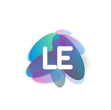 Renkli sıçrama arkaplanı olan LE logosu, yaratıcı endüstri, web, iş ve şirket için harf kombinasyonu tasarımı.