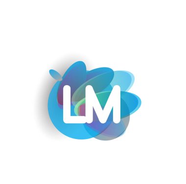 Renkli sıçrama arkaplanı olan LM logosu, yaratıcı endüstri, web, iş ve şirket için harf kombinasyonu tasarımı.