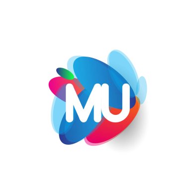 Renkli sıçrama geçmişi olan MU logosu, yaratıcı endüstri, web, iş ve şirket için harf kombinasyonu tasarımı.