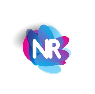 Renkli sıçrama geçmişi olan NR harfi logosu, yaratıcı endüstri, web, iş ve şirket için harf kombinasyonu tasarımı.