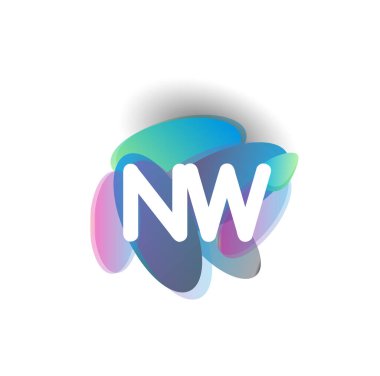 Renkli sıçrama arkaplanı olan NW harfi logosu, yaratıcı endüstri, web, iş ve şirket için harf kombinasyonu tasarımı.